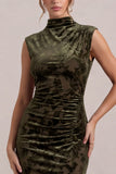 Floral Sheath High Neck Olive Maxi Velvet Dress With Slit
