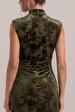 Floral Sheath High Neck Olive Maxi Velvet Dress With Slit