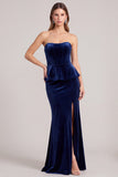 Strapless Corset Mermaid Navy Maxi Velvet Dress With Slit