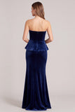 Strapless Corset Mermaid Navy Maxi Velvet Dress With Slit