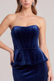 Strapless Corset Mermaid Navy Maxi Velvet Dress With Slit