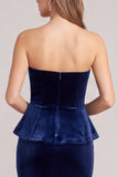 Strapless Corset Mermaid Navy Maxi Velvet Dress With Slit