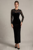 Black Sheath Lace Maxi Velvet Dress With Long Sleeves