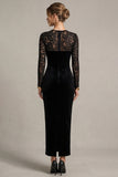 Black Sheath Lace Maxi Velvet Dress With Long Sleeves