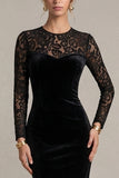 Black Sheath Lace Maxi Velvet Dress With Long Sleeves
