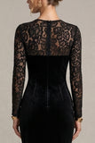 Black Sheath Lace Maxi Velvet Dress With Long Sleeves