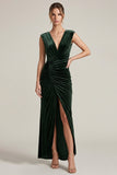 V-Neck Sheath Dark Green Ruched Maxi Velvet Dress With Slit