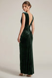 V-Neck Sheath Dark Green Ruched Maxi Velvet Dress With Slit