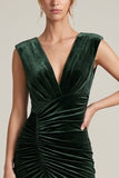 V-Neck Sheath Dark Green Ruched Maxi Velvet Dress With Slit