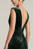 V-Neck Sheath Dark Green Ruched Maxi Velvet Dress With Slit