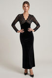 V-Neck Sheath Black Lace Maxi Velvet Dress With Long Sleeves