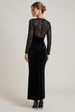 V-Neck Sheath Black Lace Maxi Velvet Dress With Long Sleeves