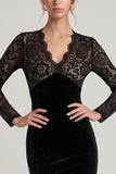 V-Neck Sheath Black Lace Maxi Velvet Dress With Long Sleeves
