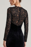 V-Neck Sheath Black Lace Maxi Velvet Dress With Long Sleeves