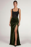 Square Neck Corset Mermaid Lace Olive Maxi Velvet Dress