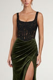 Square Neck Corset Mermaid Lace Olive Maxi Velvet Dress