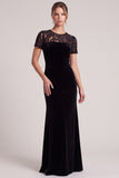 A Line Black Lace Short Sleeve Maxi Velvet Dress