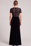 A Line Black Lace Short Sleeve Maxi Velvet Dress