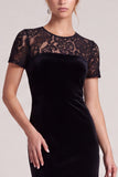A Line Black Lace Short Sleeve Maxi Velvet Dress