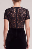 A Line Black Lace Short Sleeve Maxi Velvet Dress