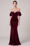 Off The Shoulder Mermaid Burgundy Maxi Velvet Dress With Rhinestone
