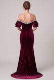 Off The Shoulder Mermaid Burgundy Maxi Velvet Dress With Rhinestone