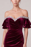 Off The Shoulder Mermaid Burgundy Maxi Velvet Dress With Rhinestone