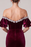 Off The Shoulder Mermaid Burgundy Maxi Velvet Dress With Rhinestone