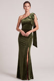 One Shoulder Mermaid Olive Maxi Velvet Dress With Slit