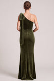 One Shoulder Mermaid Olive Maxi Velvet Dress With Slit