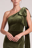 One Shoulder Mermaid Olive Maxi Velvet Dress With Slit
