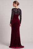 Mermaid Long Sleeve Lace Burgundy Maxi Velvet Dress