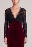 Mermaid Long Sleeve Lace Burgundy Maxi Velvet Dress