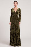 Floral Sheath Olive Maxi Velvet Dress With Long Sleeves
