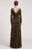 Floral Sheath Olive Maxi Velvet Dress With Long Sleeves