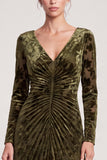 Floral Sheath Olive Maxi Velvet Dress With Long Sleeves