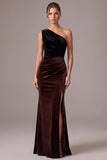 One Shoulder Mermaid Brown Maxi Velvet Dress With Slit