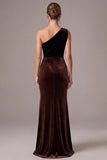 One Shoulder Mermaid Brown Maxi Velvet Dress With Slit