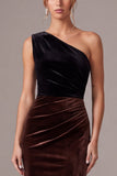 One Shoulder Mermaid Brown Maxi Velvet Dress With Slit