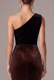 One Shoulder Mermaid Brown Maxi Velvet Dress With Slit