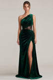 One Shoulder Dark Green Mermaid Lace Maxi Velvet Dress