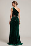 One Shoulder Dark Green Mermaid Lace Maxi Velvet Dress