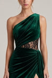 One Shoulder Dark Green Mermaid Lace Maxi Velvet Dress