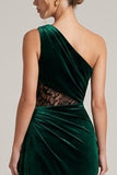 One Shoulder Dark Green Mermaid Lace Maxi Velvet Dress