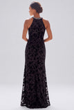 Halter Mermaid Floral Green Sparkly Maxi Velvet Dress