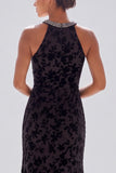 Halter Mermaid Floral Green Sparkly Maxi Velvet Dress