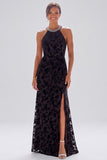 Halter Mermaid Floral Green Sparkly Maxi Velvet Dress