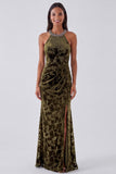 Halter Mermaid Floral Green Sparkly Maxi Velvet Dress