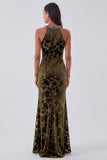 Halter Mermaid Floral Green Sparkly Maxi Velvet Dress