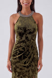Halter Mermaid Floral Green Sparkly Maxi Velvet Dress